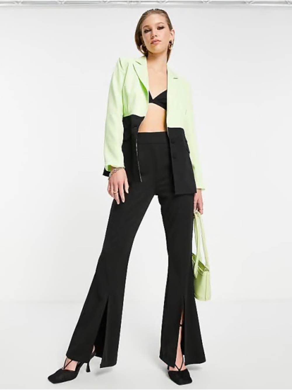 Black Split-Front Boot Flare Trousers